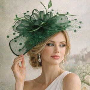 Emerald Green Statement Fascinator Hat Derby Mesh Flower Veil Headpiece